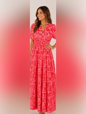 Women's Pink and Coral Printed Tiered Dress